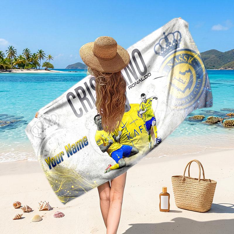 Cristiano Ronaldo Custom Beach Towel, Personalized Name Text Print, Football Logo Soft Quick‑Dry Towel Holiday Gift