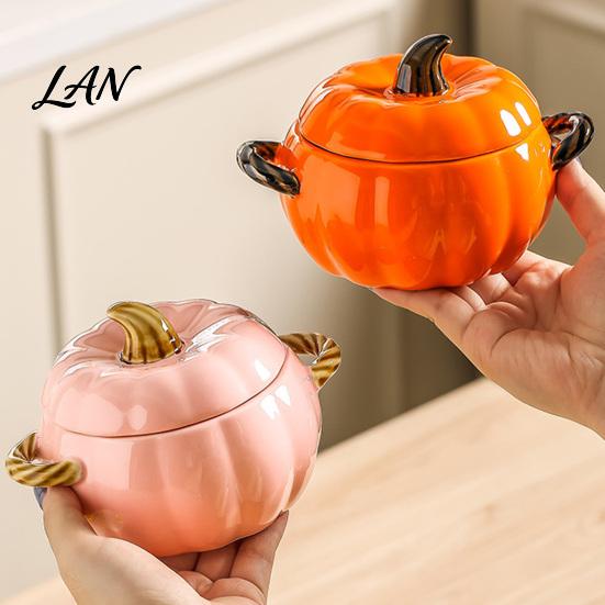 Versatile Ceramic Serving Vessel Pumpkin Soup Bowl with Lid And Double Handle, Microwave Safe Decorative Cute Kitchen Decor Bowl, Heat Resistant