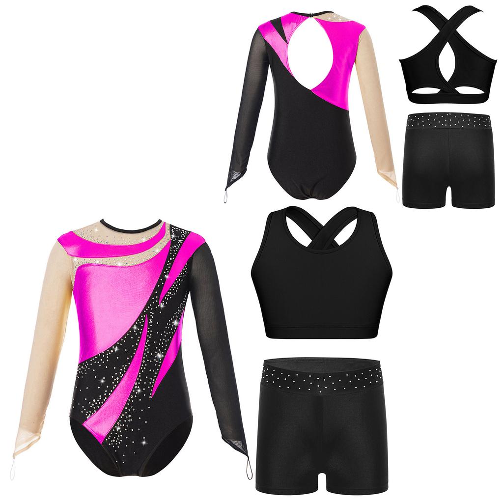 Гимнастический купальник для девочек и детей с шортами, с длинным рукавом, для акробатики, балета, танцев, юнитард с активным жилетом