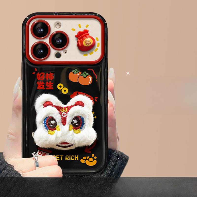 Подходит для Apple 15 Чехол для мобильного телефона iPhone 13/14promax Plush Lion Dance Lanyard 11/12 Flip Mirror Xr