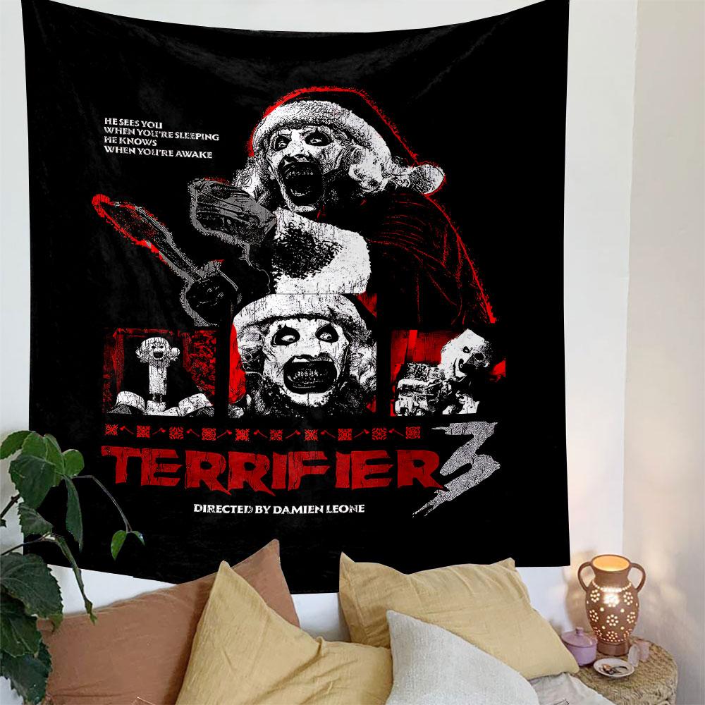 Sinister clown imagery in black, white, and red with Santa elements. Patterned tapestry for bedroom and living room home decor