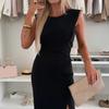 Женское платье с круглым вырезом без рукавов, облегающее летнее платье с разрезом, однотонное платье миди на каждый день