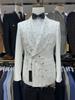 Crystals Beading White Men Suit Set 2 Piece Blazer+Black Pant Trousers Formal Office Jacket Groom Wedding Tuxedo Coat