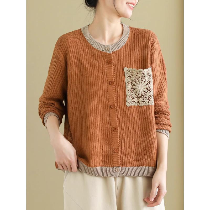 Художественный ретро женский вязаный свитер однобортный контрастный цвет круглый вырез женский кардиган свитер