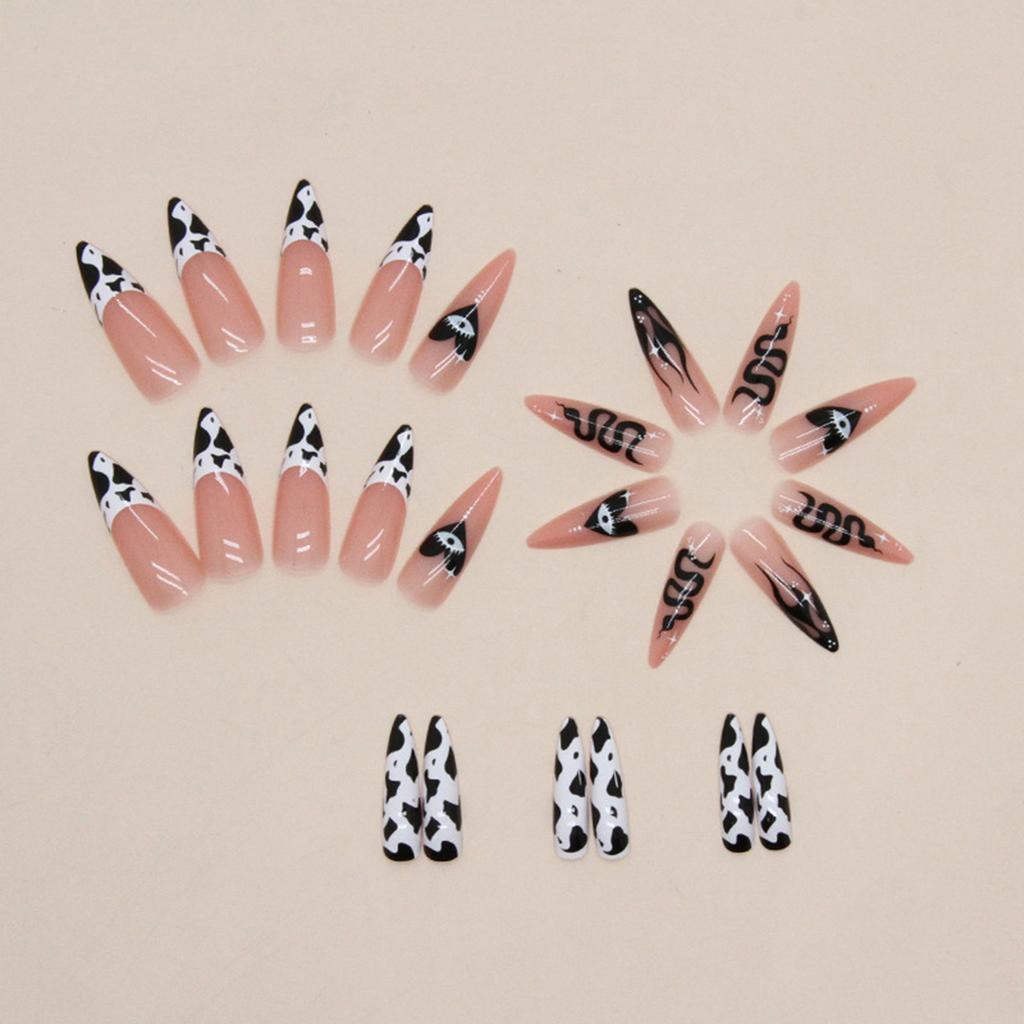 Cow-Stripes Long Almond Fake Nails INS Trendy Sweet Cool Patterns Nails for Manicure Lover Daily Home DIY