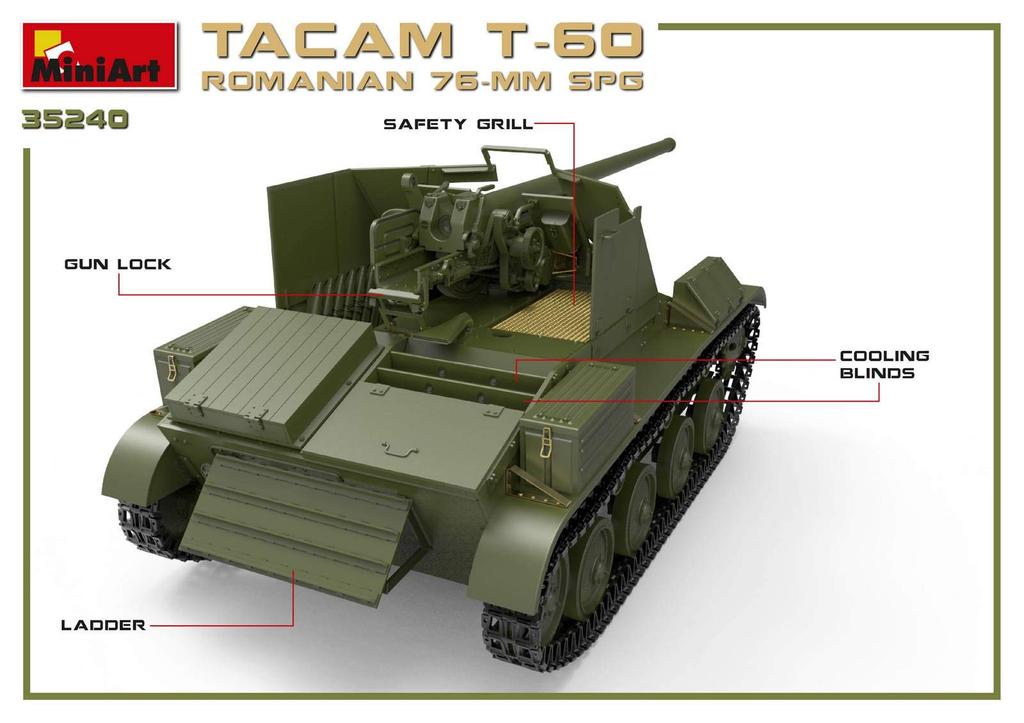 MiniArt Масштаб Румынская армия 76-мм артиллерийская САУ TACAM Полный интерьер Пластиковый набор модели MA35240 1/35 Самоходная T-60