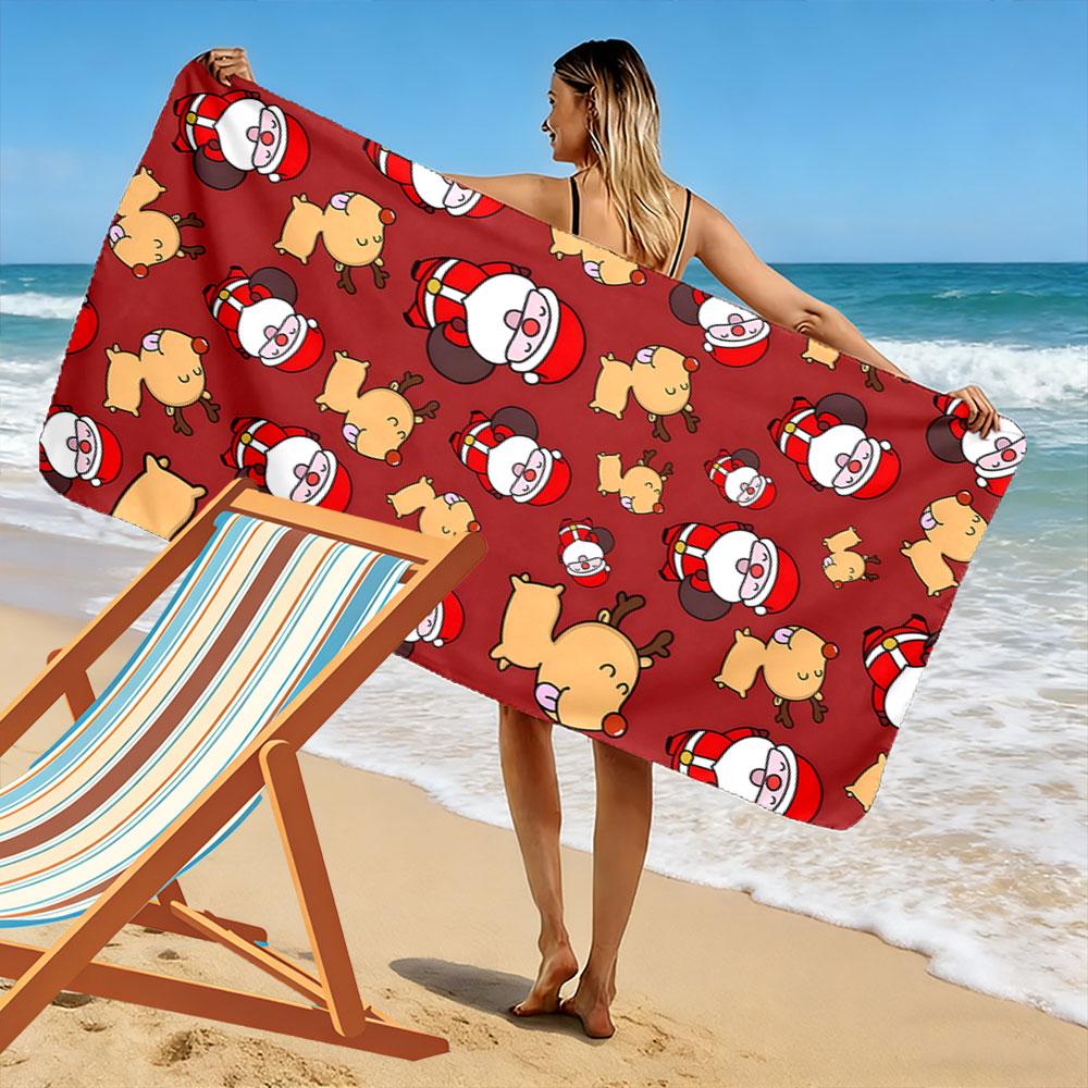 Joyful Santa and Reindeer Print beach towel, quick drying, suitable for travel, outdoor sports, jogging, the beach and swimming, gift