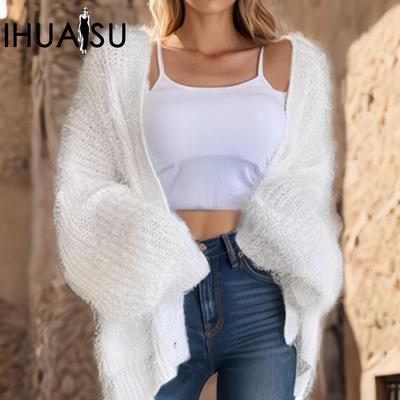 Женский осенне-зимний пушистый кардиган однотонный свитер вязаный свободный жакет с карманами