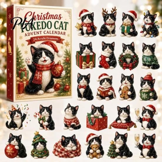 Christmas Advent Calendar Cat Calendar, 24 Day Countdown with Cute Ornaments, Kids Holiday Fun 2D Acrylic Kitty Decorations, Gift for