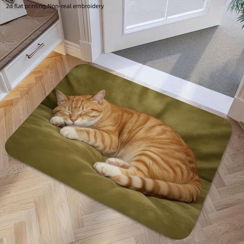 1pc, 2D Flat Printing, Cute Orange Cat Sleeping Pattern Indoor Floor Mat, Colorful Non-slip, Machine Washable Polyester Mat, Suitable for Home Decor,