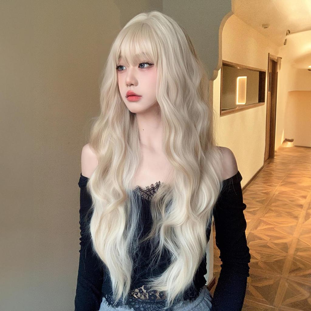 Synthetic Ombre Blonde Platinum Wigs Long Wavy Wig for Women with Bangs Party Daily Heat Resistant Fibre Hair Wigs