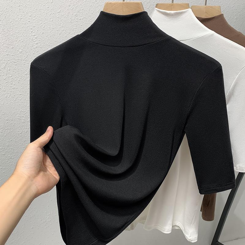 Базовая рубашка с высоким воротом для женщин, новая женская однотонная футболка со средними рукавами, облегающая эластичная рубашка