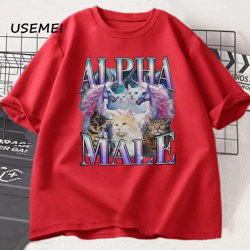 Alpha Male Unicorn Cat TShirt Unisex Ironic 90s Vintage Funny Rainbow Meme Tee Shirt Weird Cat T Shirt Casual Cotton Clothes