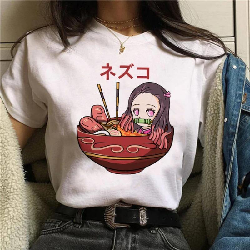 Японская аниме-футболка Demon Slayer Oversize Женская одежда Nezuko Kawaii Футболки Tanjirou O-Neck Graphic Женская футболка Manga Tops