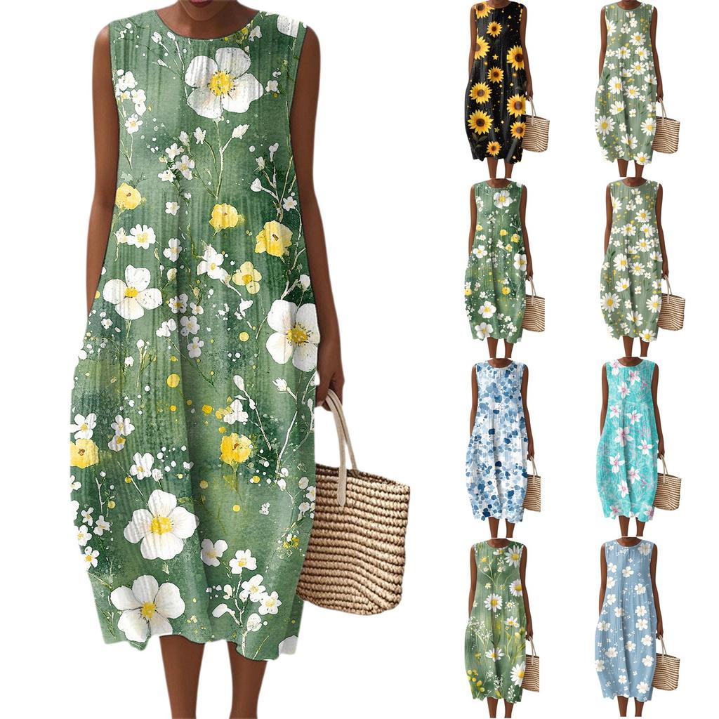 Women's Fashion Casual Sleeveless Round Neck Floral Elegant Temperament Dress