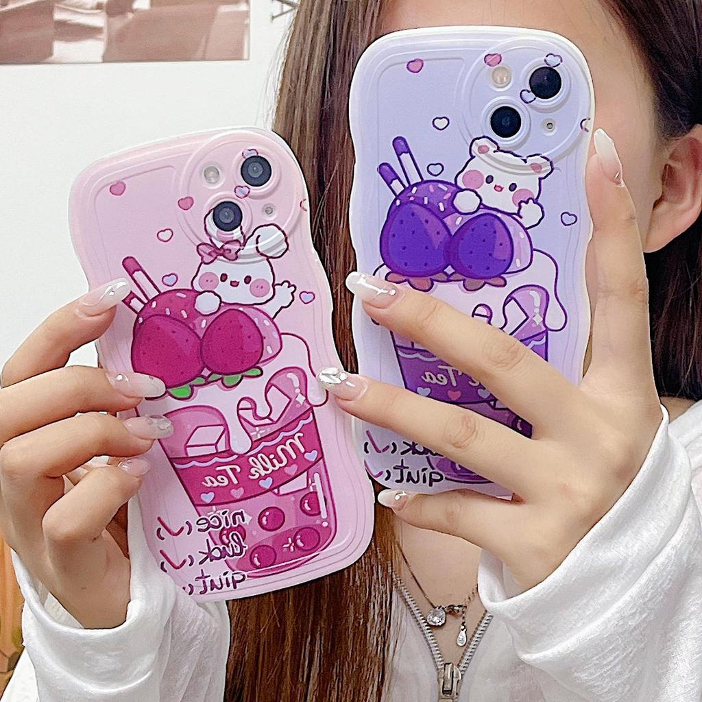 Wave Edge Silicone Case for Oppo A58 A78 A38 Samsung A54 A34 A24 A14 iPhone 15 14 Redmi Note 12 11 10 Infinix Note 30 Funda Milk Tea Bear Bunny Cover