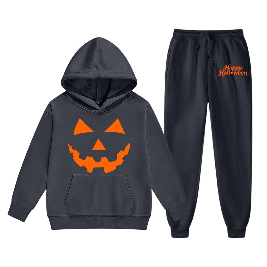 Kids Halloween Hoodie and Sweatpants Set Pumpkin Face Print Hooded Sweatshirt and Matching Bottoms Comfortable Fit for Children
