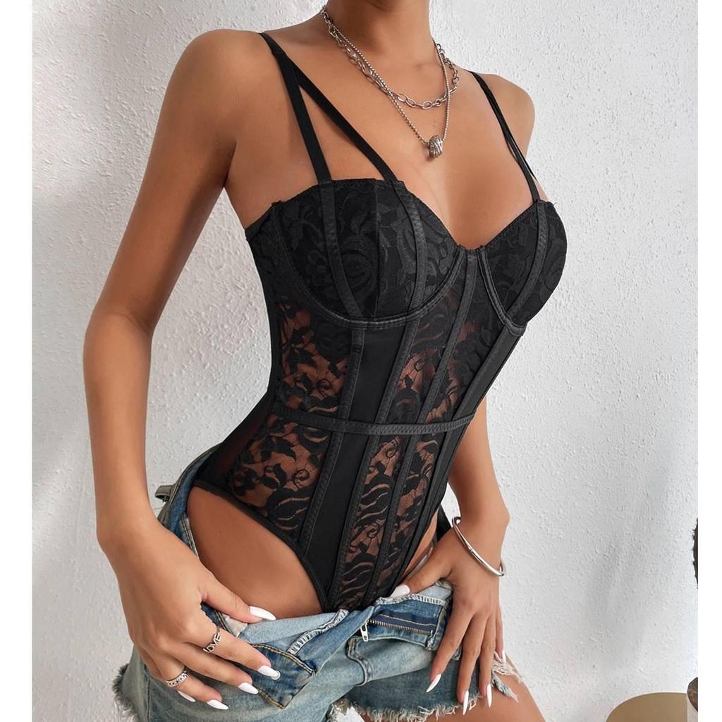 Women's Lace-Trim Backless Camisole Bodysuit with Padded Cups