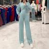 Women Formal Jumpsuit Pleated Lantern Sleeve Turn-down Collar V Neck Rhinestone Buckle Decor Wide Leg High Waist Pure Color OL Commuting Outfit Spring