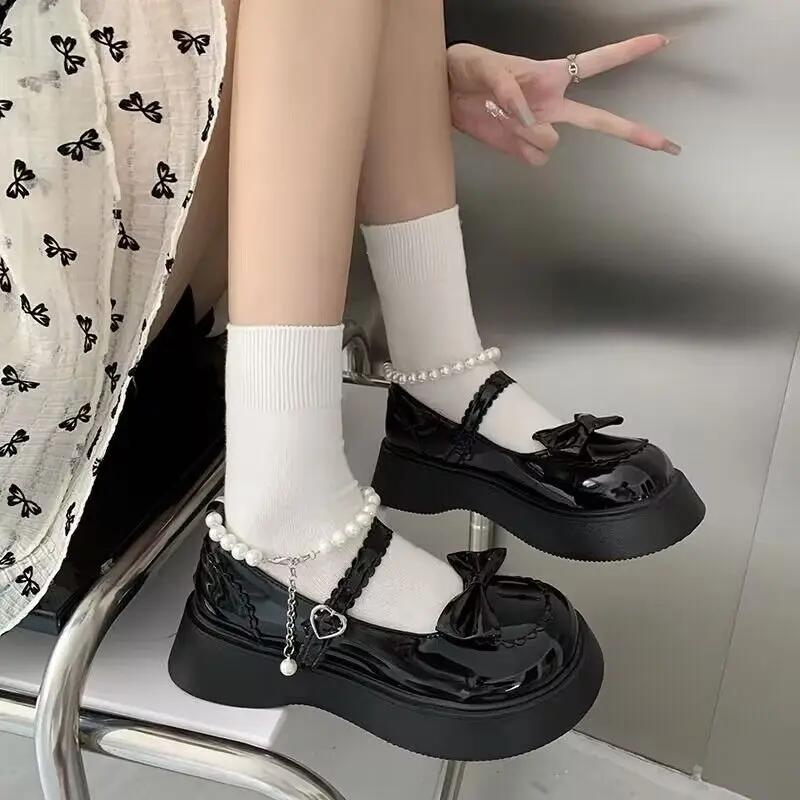 Модные туфли ZOKI Lovely Pearl Strap Lolita для женщин, милые туфли Мэри Джейн на платформе с бантом, женские лакированные туфли без каблука с нескользящей подошвой, 2025