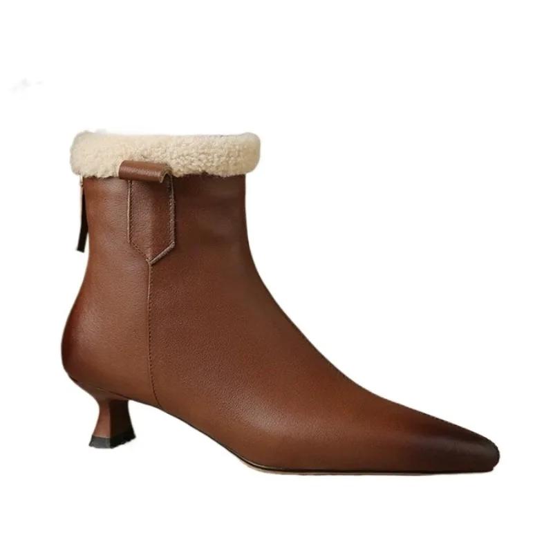 Женские меховые ботильоны с острым носком, модные кожаные теплые плюшевые туфли на среднем каблуке, женский бренд, зима 2025, тренд, уютные ботинки Mujer