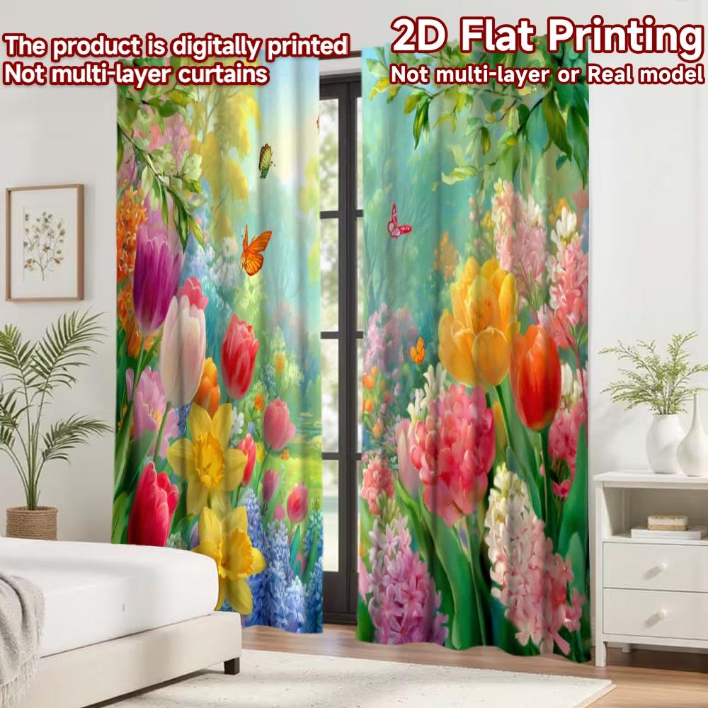 2D flat printing 2pcs Curtain Curtains Spring Garden with Butterflies Digital Printed Polyester Drapes Holiday Decorations for