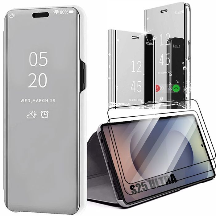 Coque de protection - BOOLING - pour Samsung Galaxy S25 Ultra - Effet Miroir Argenté - 2 Verres Trempés - Antichoc