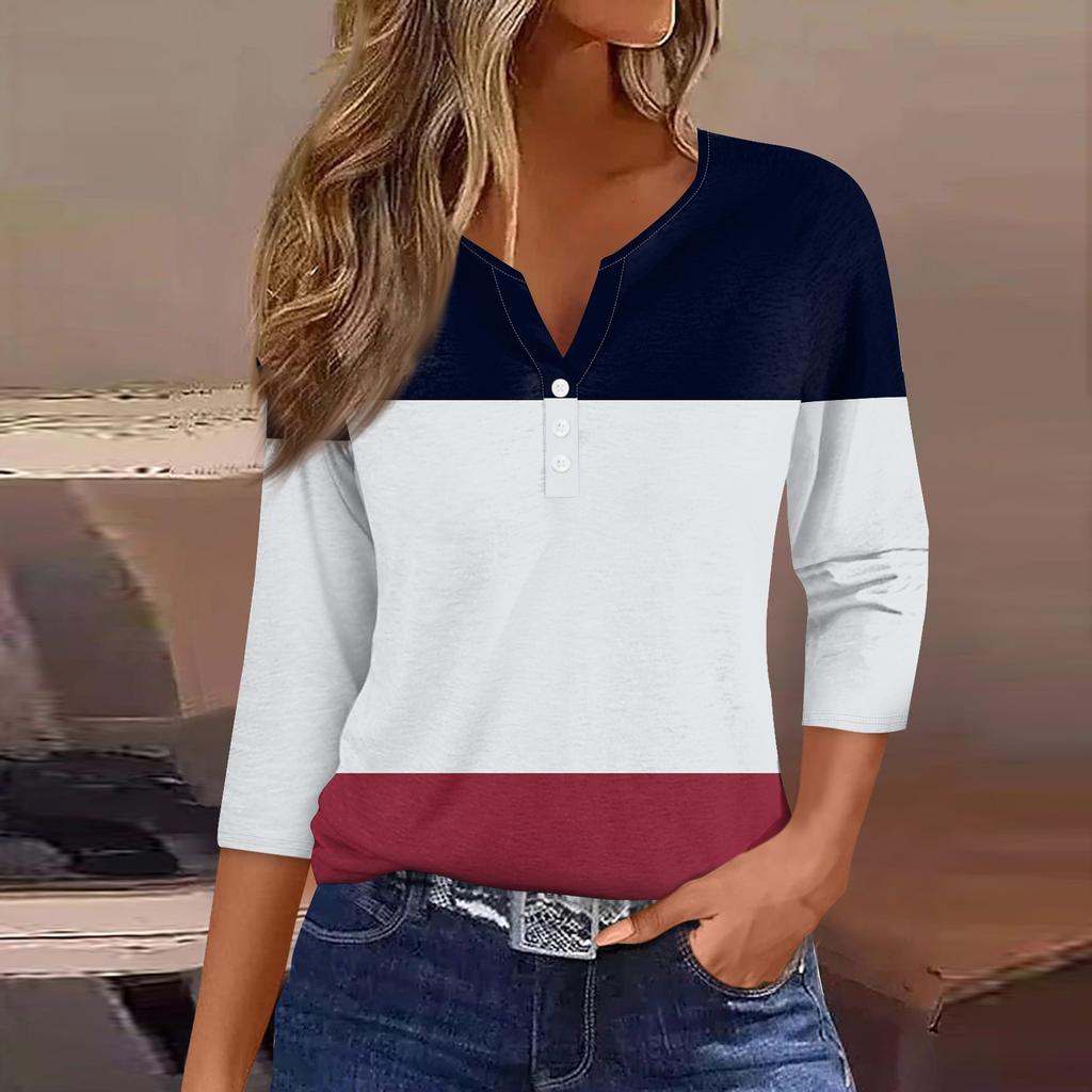 Жен. Футболка Футболка С принтом Пуговицы Рукав 3/4 Повседневные Выходные Мода Классический Классический V-образный вырез Обычный Верх