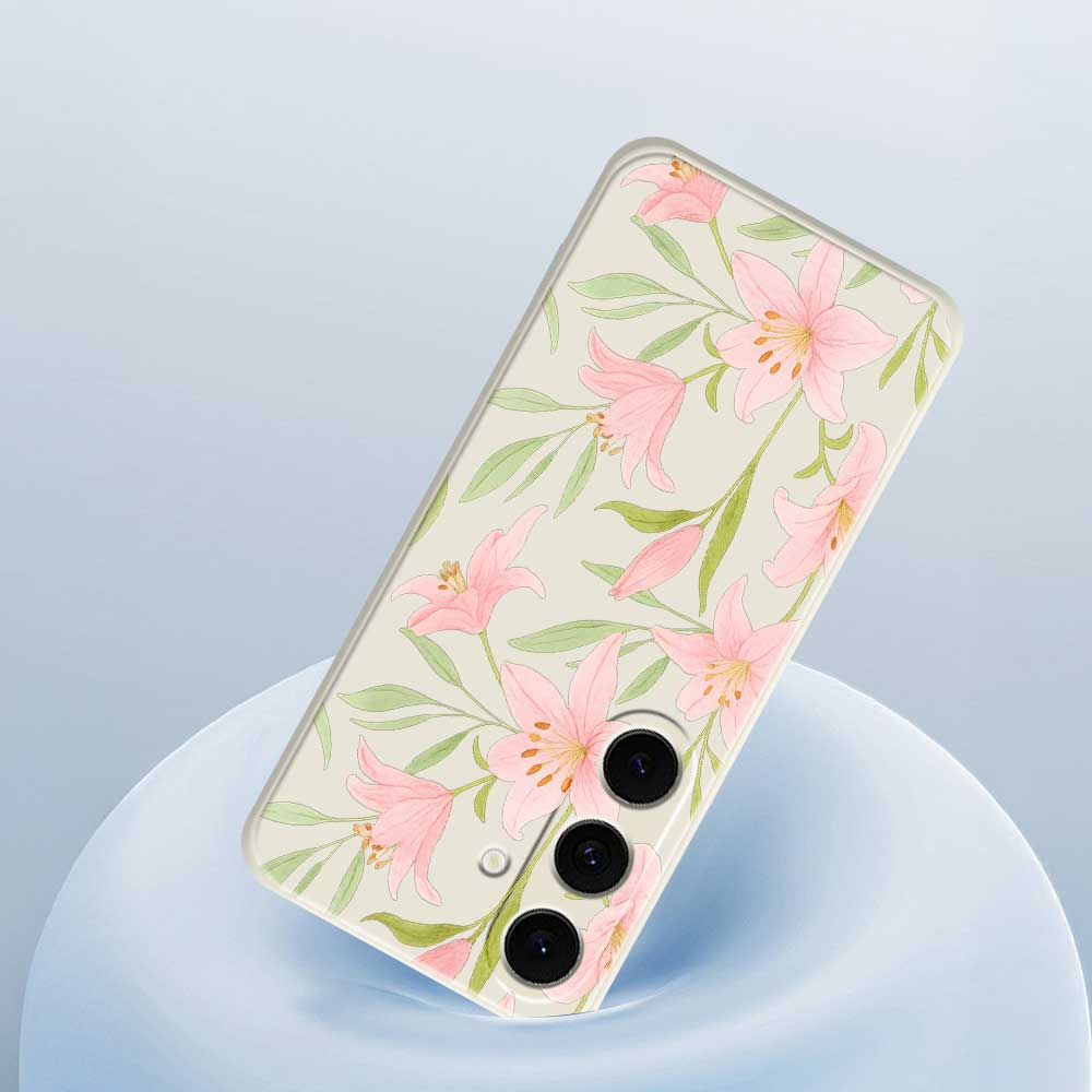 For Samsung Galaxy S25 FE Case Pink Lilies Pattern Printing Straight Edge TPU Phone Back Cover