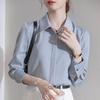 Gray-Blue Satin Hidden Placket Retro Shirt - Women's Autumn Long Sleeve Hong Kong Style Commute Blouse