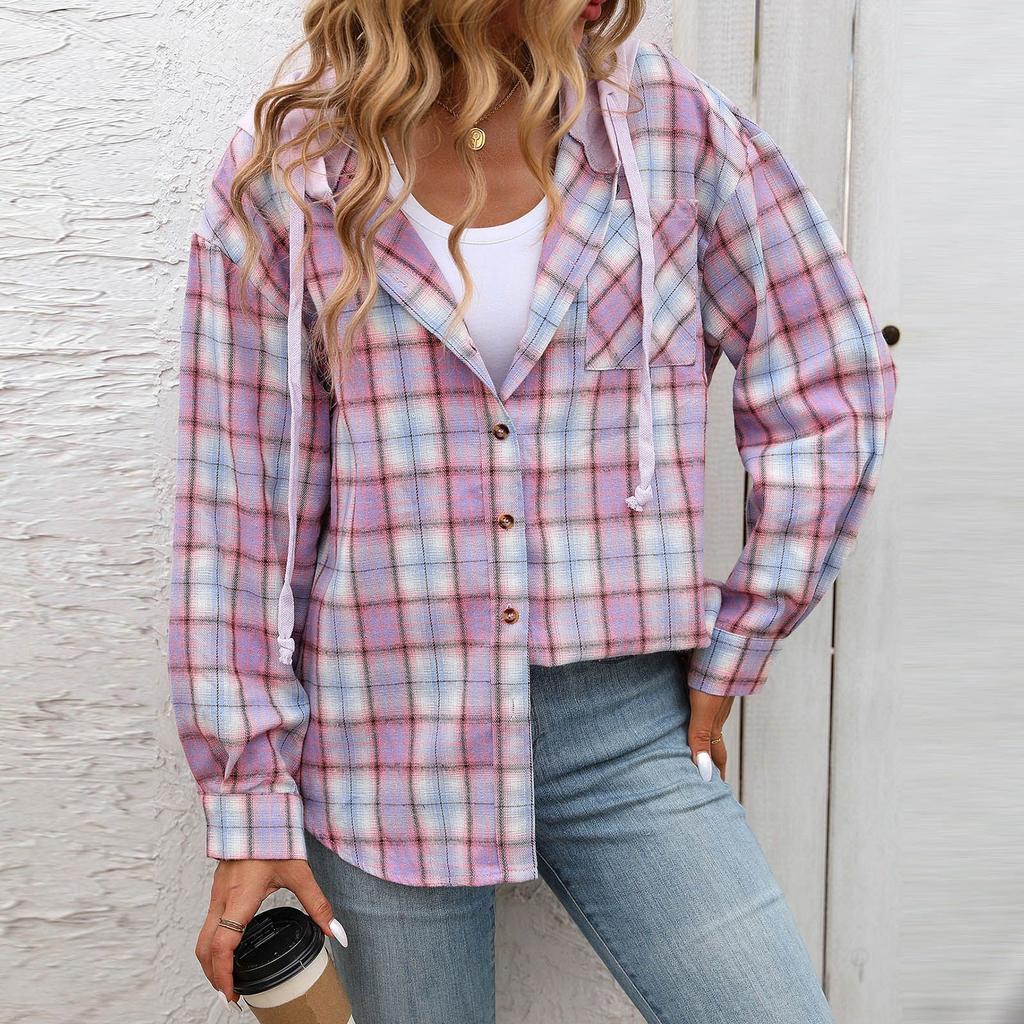 Женская модная широкая клетчатая куртка-рубашка с длинными рукавами и карманами на пуговицах и капюшоном