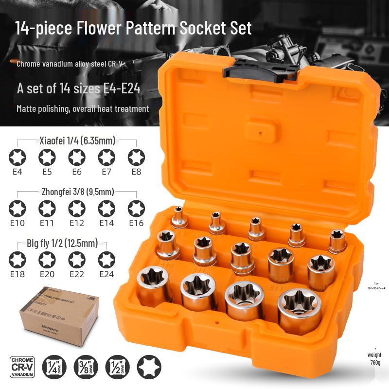 E-Type Star Socket Set: Large, Medium, Small Flower Head Sleeves for Auto Repair (E8, E10, E14, E20, E22)