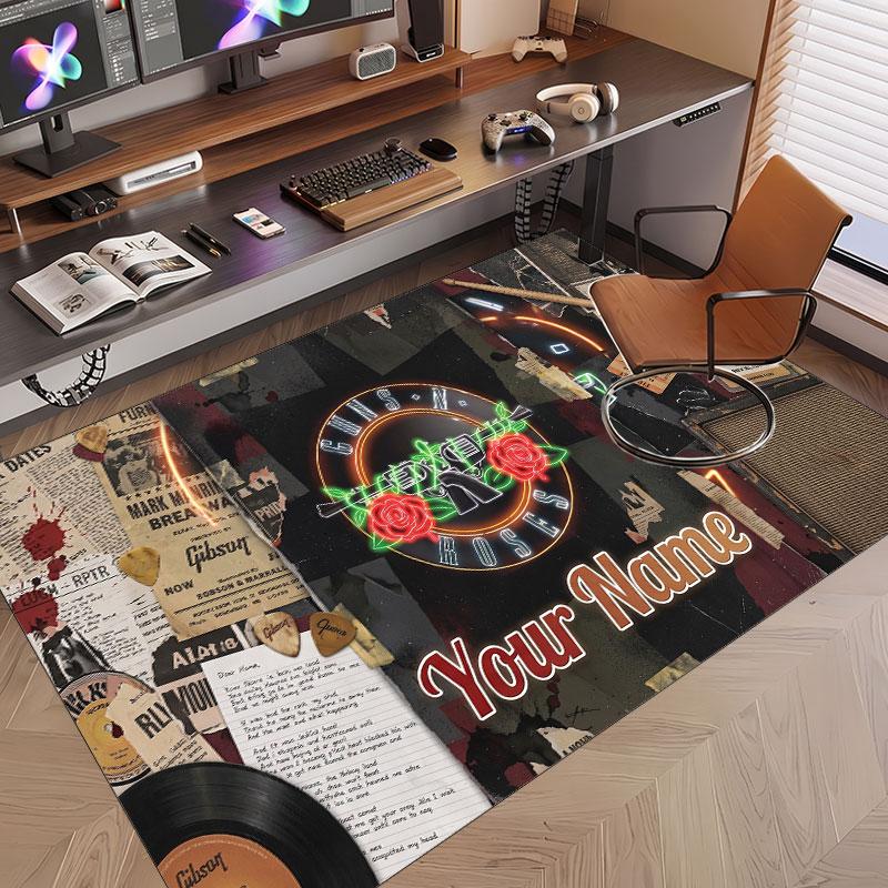 Custom Rug Guns N’ Roses Pattern Print Name Text Soft Non‑Slip Floor Carpet for Home Indoor Decoration