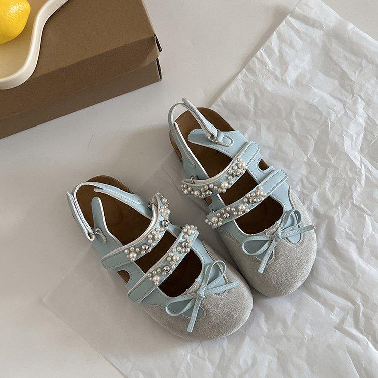 Blue Ballet Shoes for Women's Summer Wear 2025 Summer Super Fire Ugly Cute Sweet Sister Pearl Leopard Print Mary Jane Boken Sandals