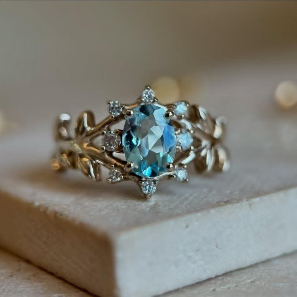 Роскошное новое позолоченное кольцо с аквамарином, креативное женское кольцо в форме листа, простое и модное