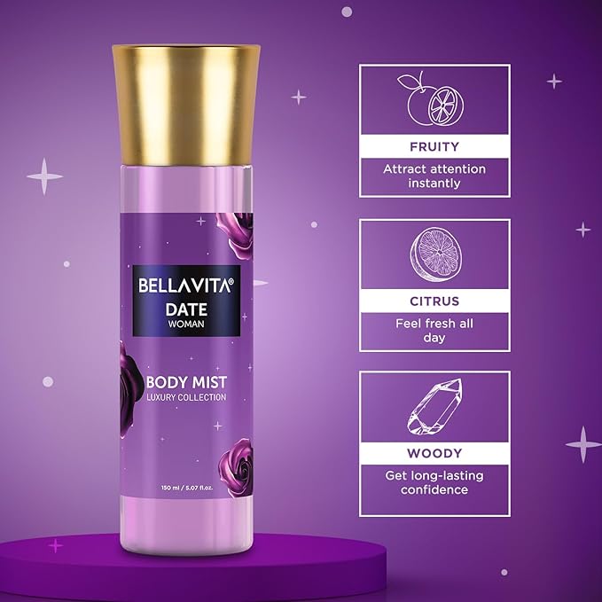 Bella Vita Luxury Date Women Body Spray Mist Духи для освежающего цветочного и ванильного длительного аромата с розовым перцем и красными фруктами, 150 мл
