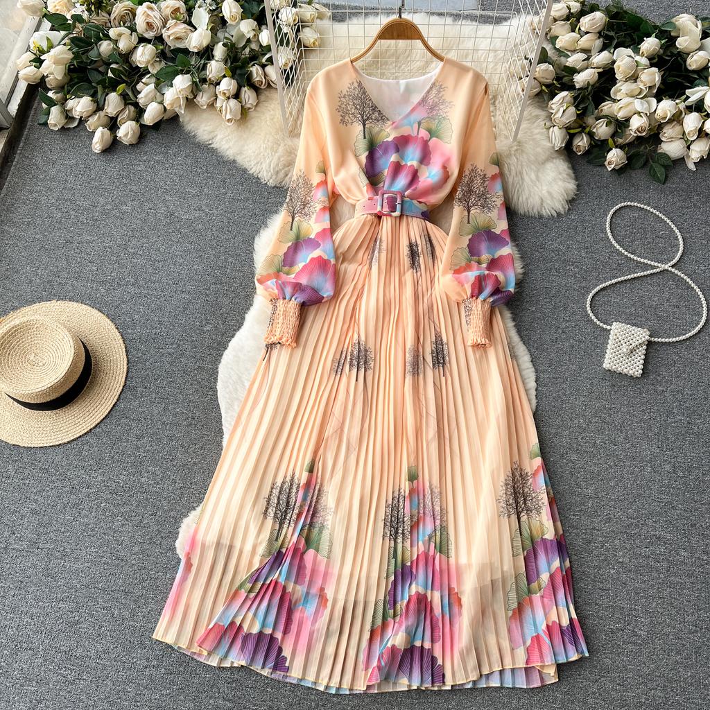 French Chic Dress for Women V-neck Plant Printed Lantern Sleeve Pleated Long Dresses Autumn Dress Female A-line