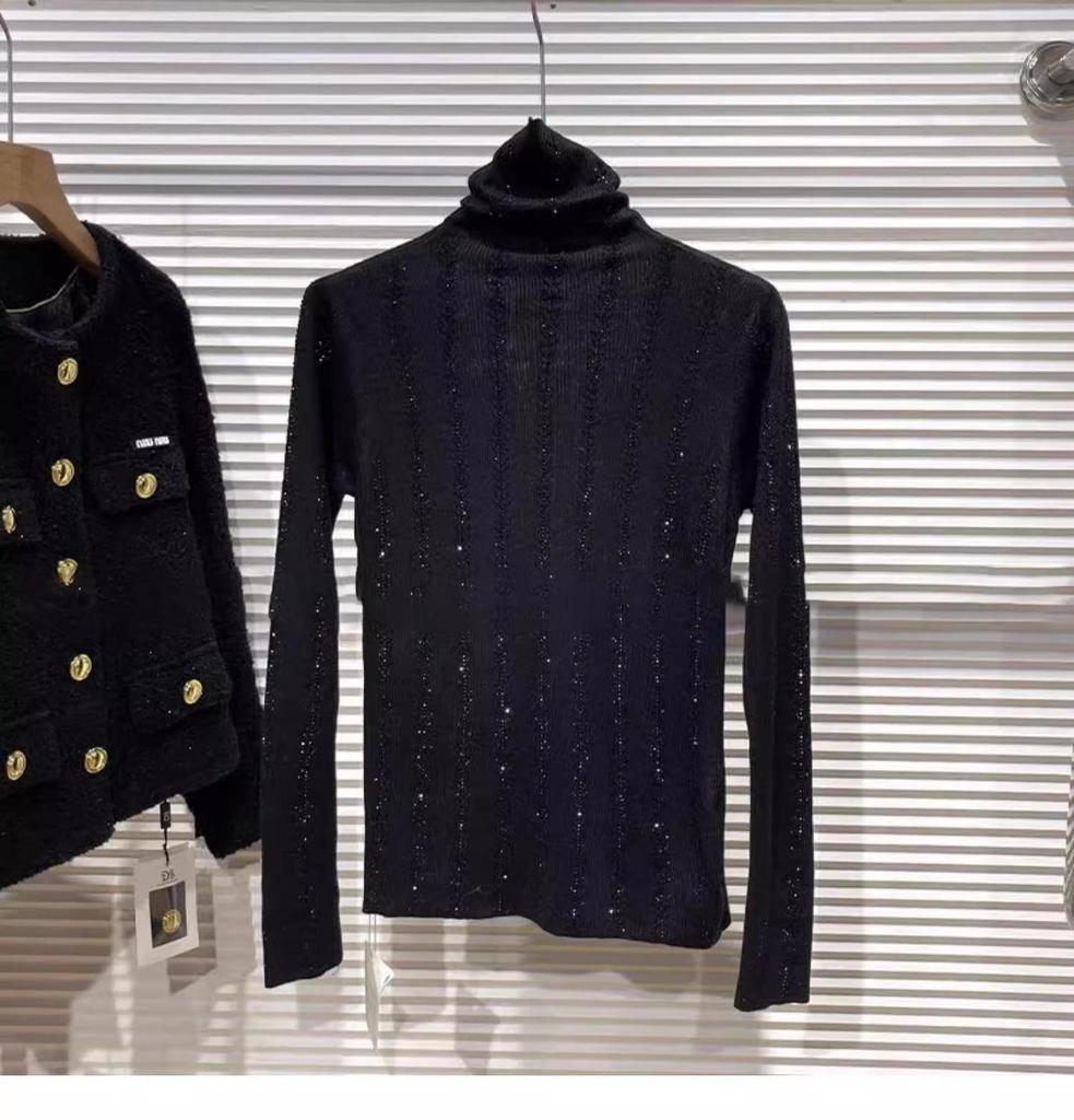 Women's High Neck Long Sleeve Heavy Duty Rhinestone T-shirt (92% Polyester, 8% Spandex)