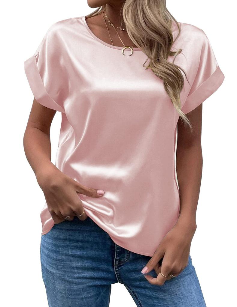 Spring and Summer New Women's Short Sleeve Satin Shirt Loose Casual Round Neck Colored Ding T-shirt Women