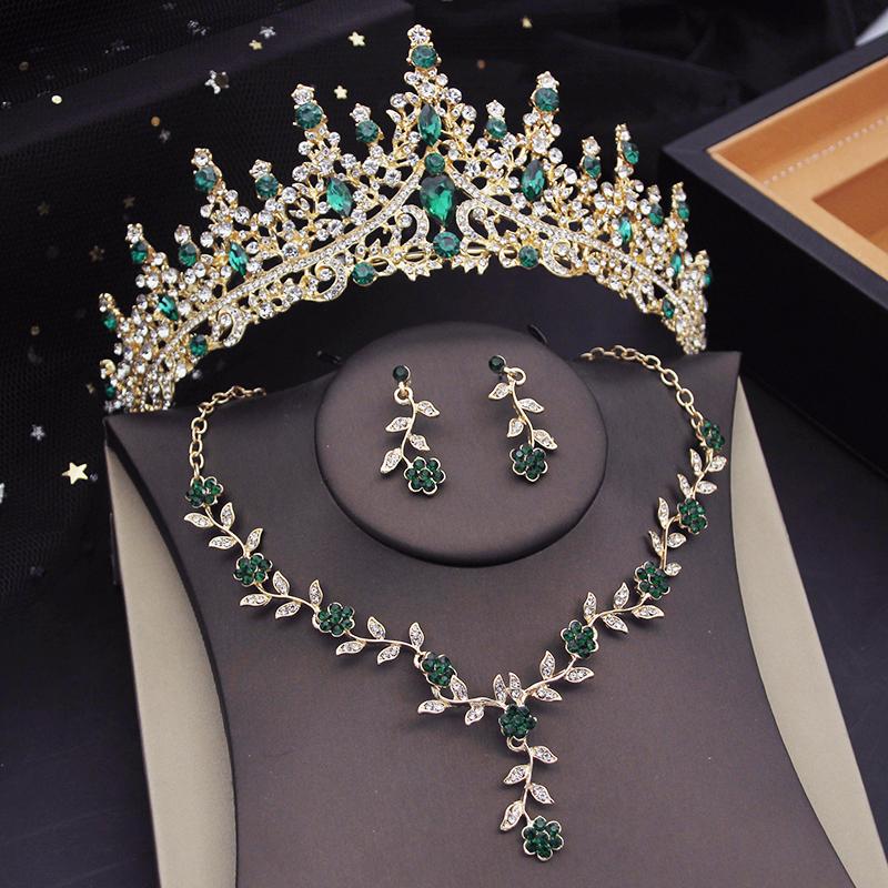 3 Pcs Pink Bridal Jewelry Sets for Women Crown Flower Choker Necklace Earring Wedding Tiara Bride Costume Accessories