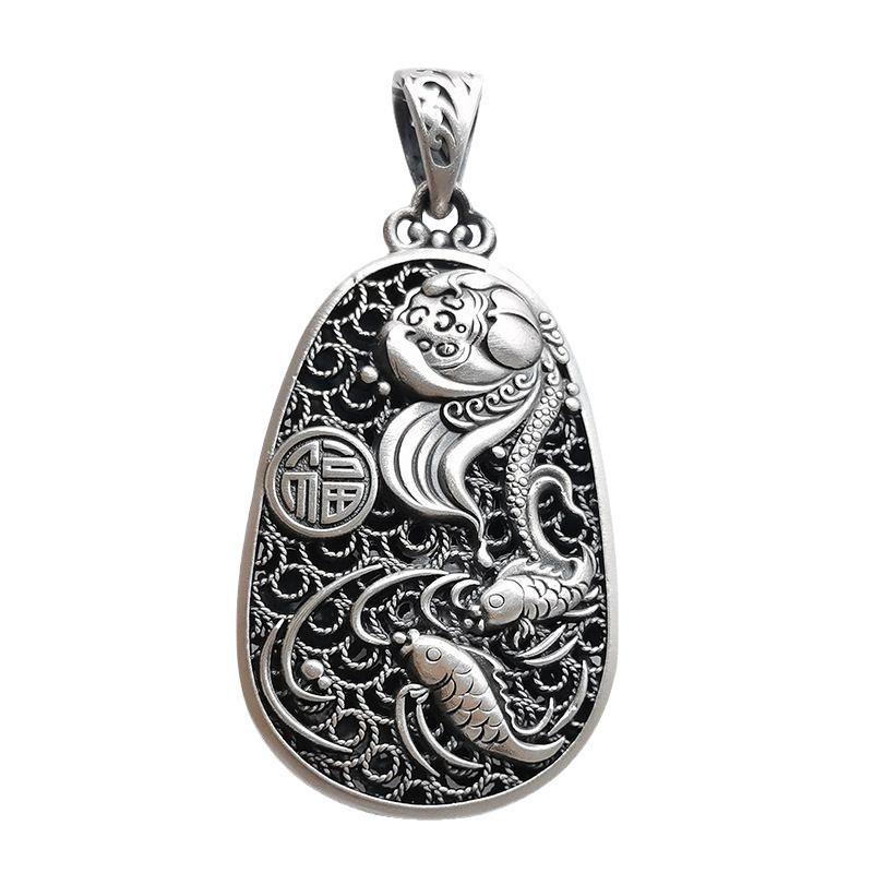 Полый кулон-капля с иероглифом Фу, карпом и лотосом - Ретро серебряная цепочка-свитер для женщин