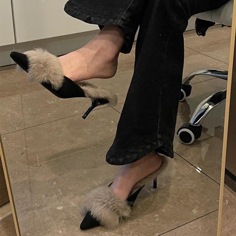 Мода Женщины Острый Каблук Полушлепанцы Квадратный Носок Повседневная Женская Мода 2025 Весенний Тренд Новые Роскошные Плюшевые Слайды Платье Мех Шлепанцы