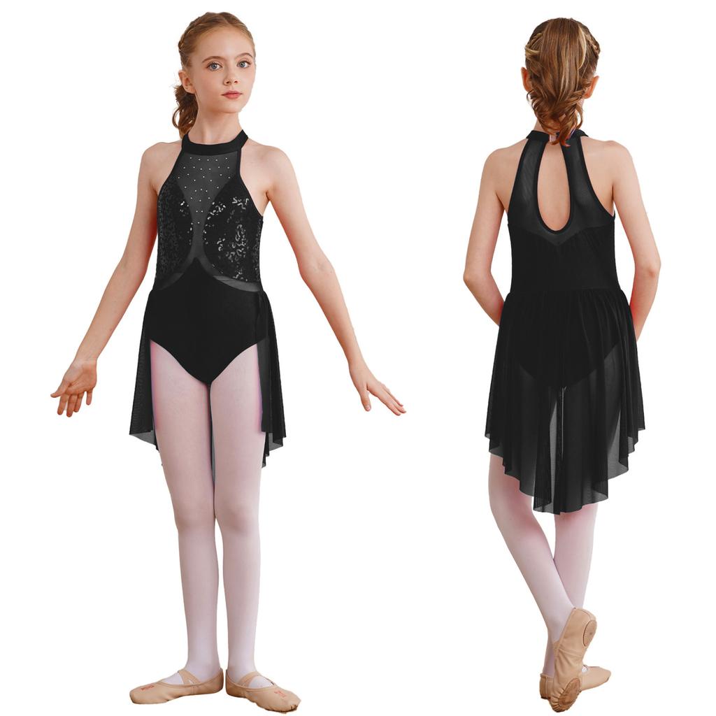 Детское блестящее сетчатое лоскутное трико с блестками для девочек, платье с вырезом на спине, платья без рукавов для фигурного катания, лирическая танцевальная одежда