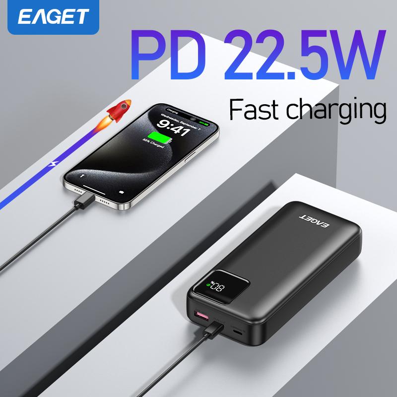 EAGET Portable Charger PD22.5W 20000mAh USB-C QC 4.0 Fast Charging Digital Display Charger for iPhone 16/15/14/13/12/11, for Samsung, Android