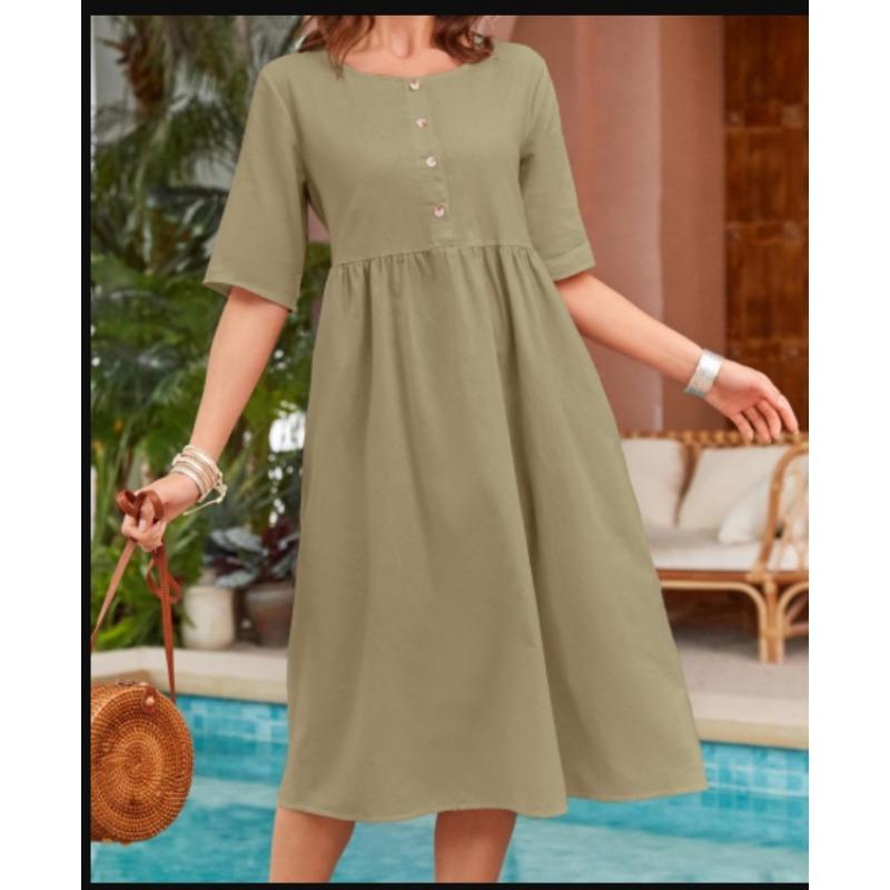 YYFS Женская мода лето весна однотонный принт с коротким рукавом и круглым вырезом свободная талия повседневные платья