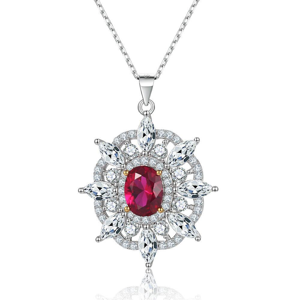 S925 Silver Ruby Natural Stone Zircon Pendant Sunflower Octagram Necklace Women's Premium Sterling Silver Clavicle Chain