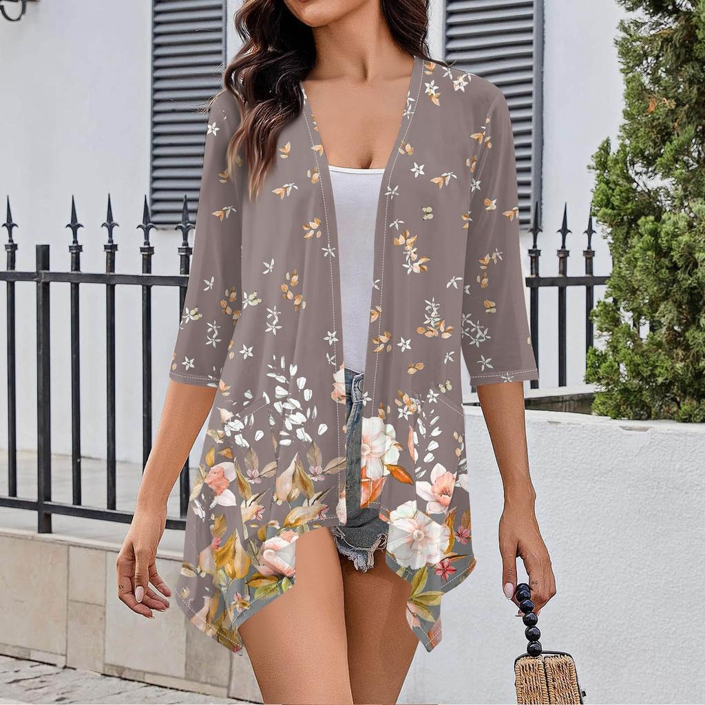 Женский кардиган неправильной формы с принтом, рукавами три четверти и карманной курткой