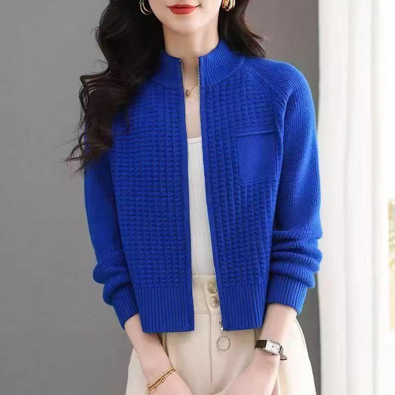 Вязаный кардиган на молнии для женщин Свободный и непринужденный Свитер-пальто со стойкой на молнии Стильное однотонное короткое пальто