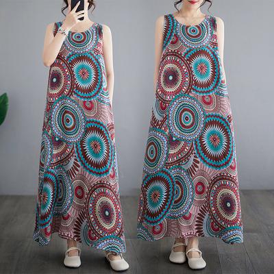 Летнее винтажное хлопковое льняное платье с принтом, свободный круглый вырез, без рукавов, жилет средней длины для женщин, повседневные платья