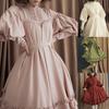 Women Solid Color O Neck Long Puff Sleeve Buttons Large Swing Midi Lolita Dress